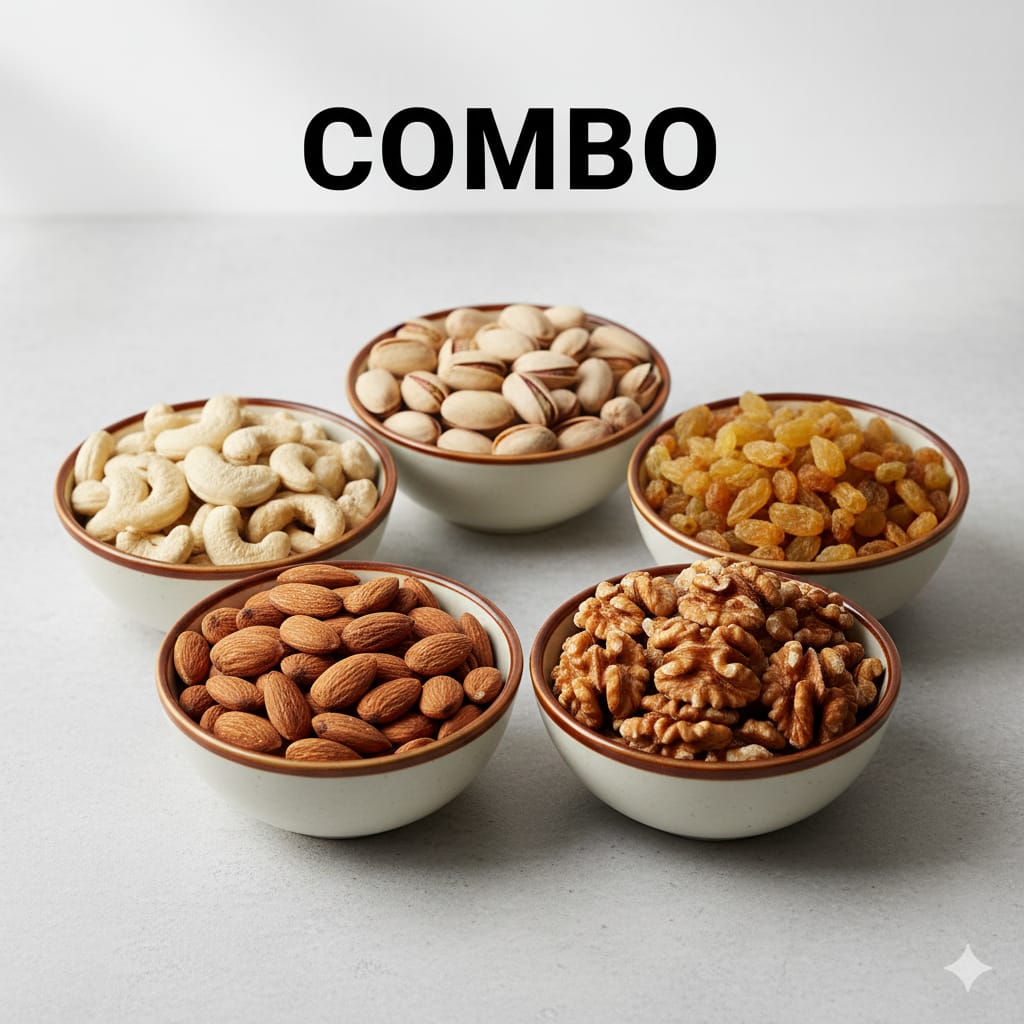 “Premium Dry Fruits Combo – Raisins, Cashews, Almonds, Pistachios & Walnuts (250g Each)” HealNuts